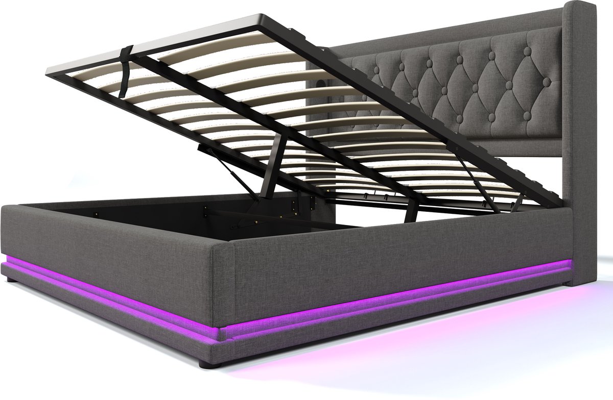 COVREO Hydraulisch stauraambed 180x200 cm - gepolsterd hoofdeinde met USB Type-C - 3-zijdige LED - grijs