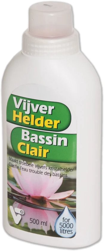 Witte fles met handvat van 500 ml, met groen en geel label 'Vijver Helder' en afbeelding waterlelie.