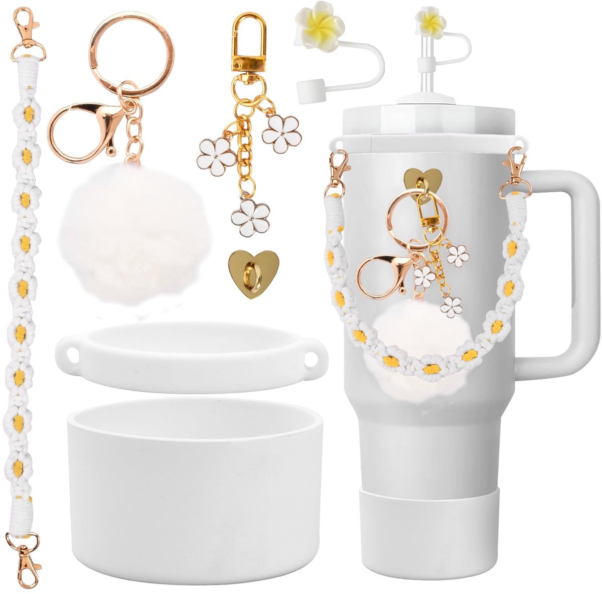 Dailygoods- Bekeraccessoireset 7-delig - Inclusief Riem voor Waterfles - Siliconen Hoes voor Cup 800/1100 ml - Rietjesdeksel - Pompon-Ornament - Lichtgewicht 115 gram - Flesaccessoires