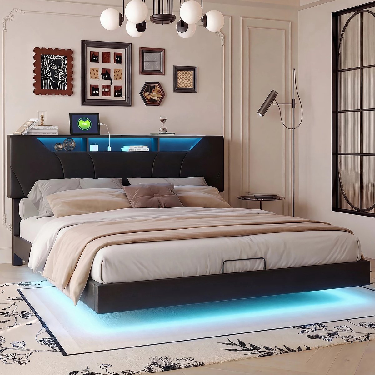 Dailygoods gestoffeerd bed 140/160x200 met LED en USB-poorten, modern zwevend bed met verborgen voeteneinde, functioneel