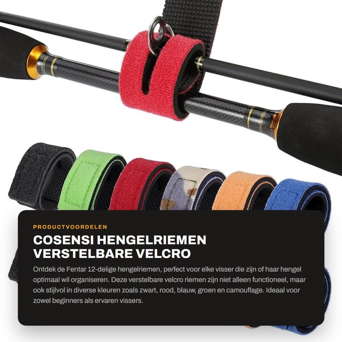 Dailygoods- Hengelriemen 12-delig - Verstelbare Klittenband Riemen - Zware Kabelbinders - Polsvissen Accessoires - Herbruikbare Bevestigingsriemen - Neopreen, Waterdicht, Antislip - Visriemen