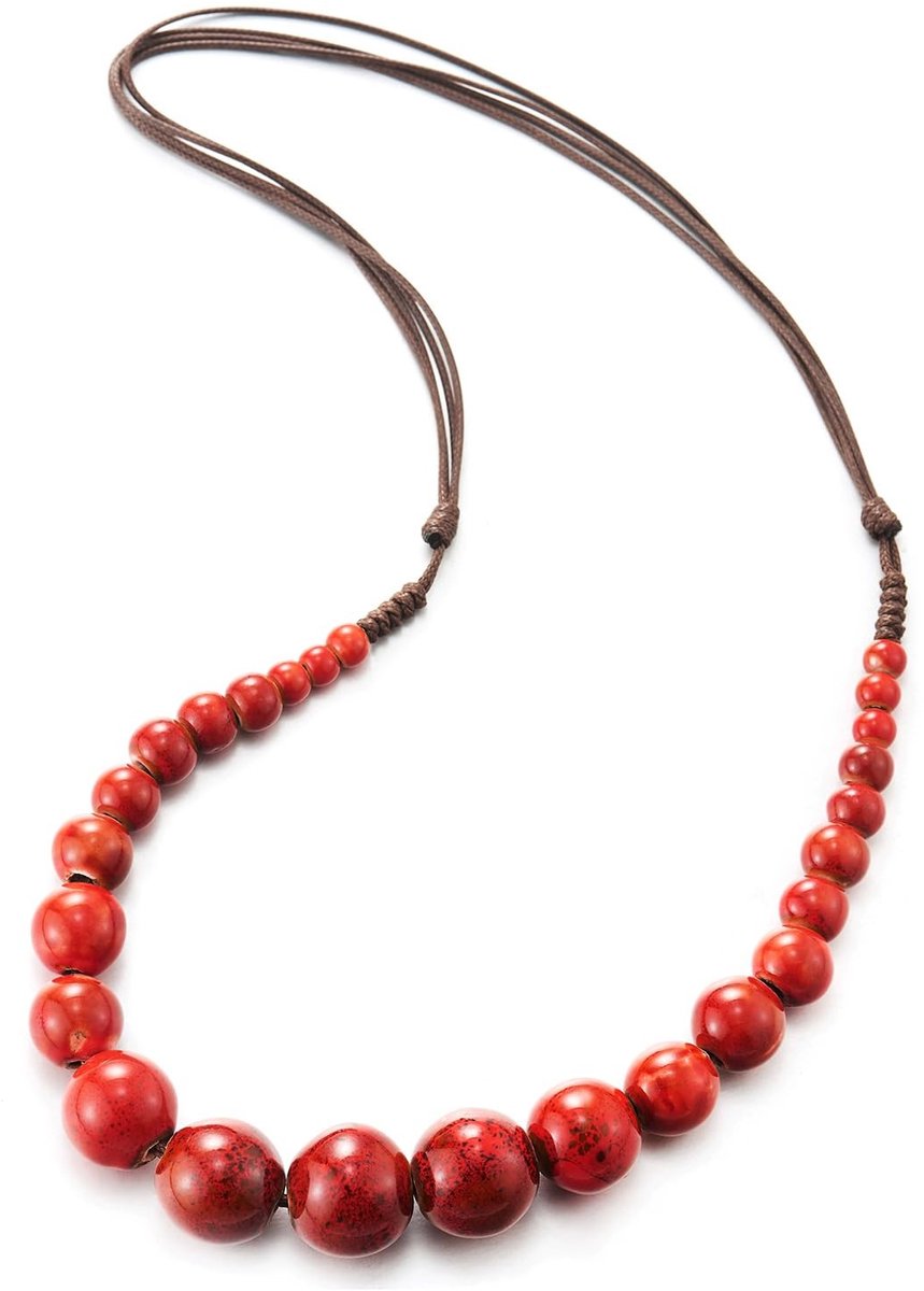 Dailygoods - Rode kraal halsband - Statement halsketting - Verstelbaar katoenen touw - Keramische parelkoord - Geschikt voor dames - 53-79 cm