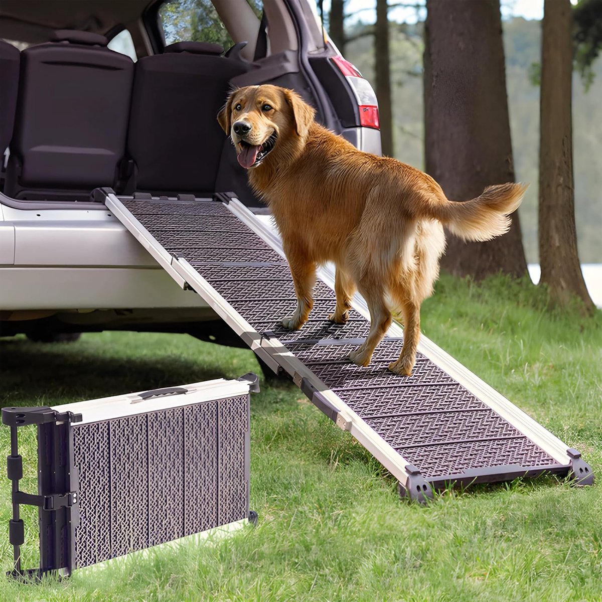 Dog Walking Board for Car - Stable and Non-slip - 90 kg Load Capacity - Extendable Dog Stair for Large Dogs - Reflectors for Safety - Grey Color
