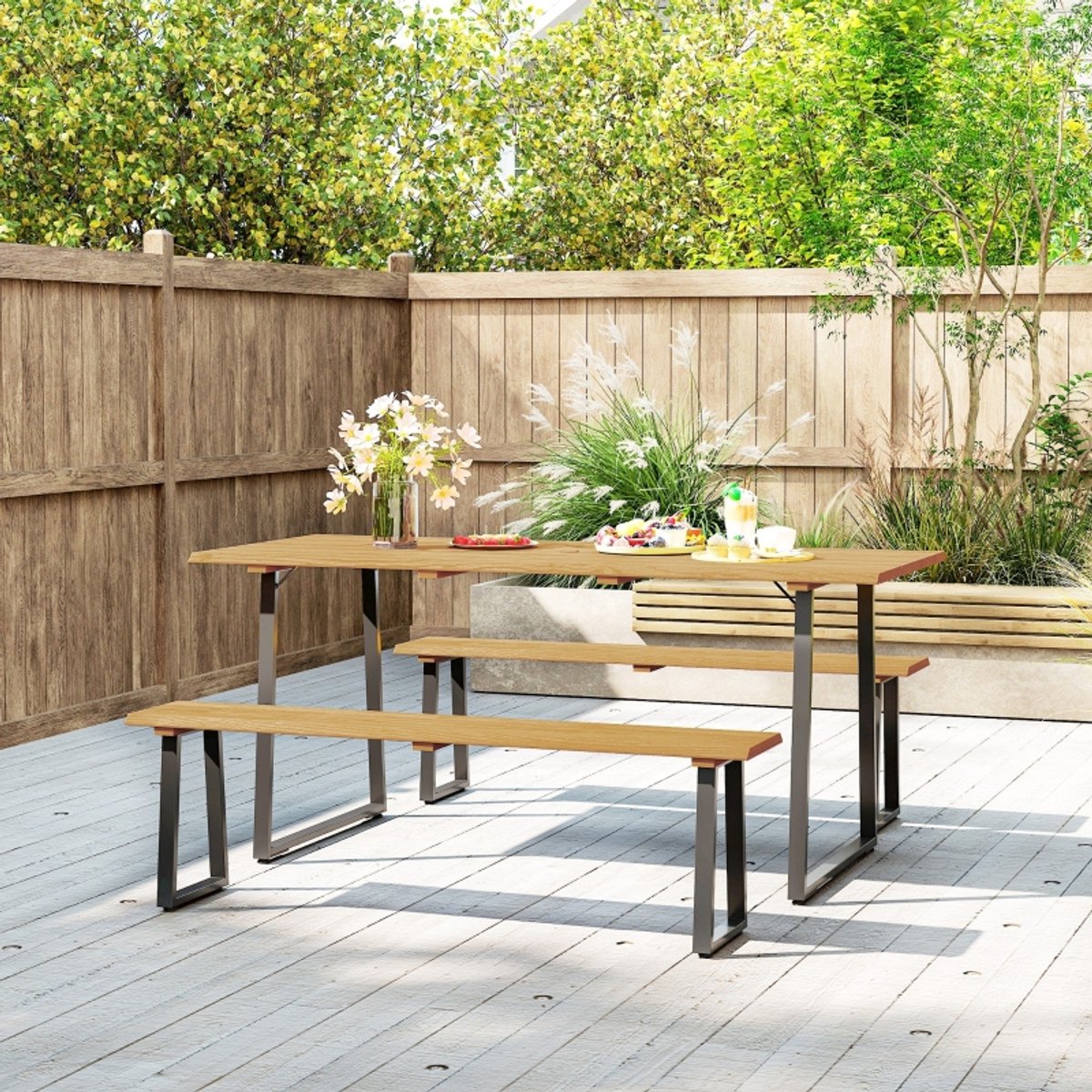 FloraGrace Tuinset 3-delig - Picknicktafel Met 2 Banken Voor 6 Personen - Met Parasolgat -
