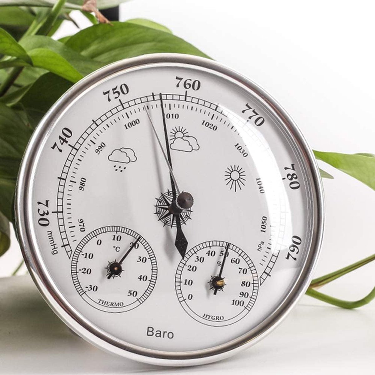 Weerstation Set - Barometer Thermometer - Weersvoorspelling Buiten - 3-in-1 Functies - 128 mm Diameter - Zilver