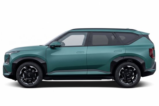 Donkergroene SUV met zwarte wielkasten en velgen, gefotografeerd vanaf de zijkant.