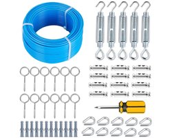 53 Stuks Waslijndraad Met Stalen Kern - Wasdraad - Waslijn - Inclusief Diverse Accessoires - PVC-Gecoate Kabelset - 100 Voet - Voor Waslijnen, T-Palen, Wijnranken en Het Ophangen Van Lichtsnoeren - Blauw