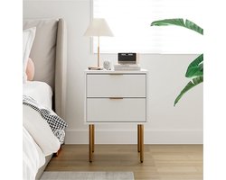 Dailygoods - HEYZOEY Klein wit nachtkastje met lade en opbergplank, houten nachtkastje, bijzettafel met goudkleurige poten voor slaapkamer, woonkamer