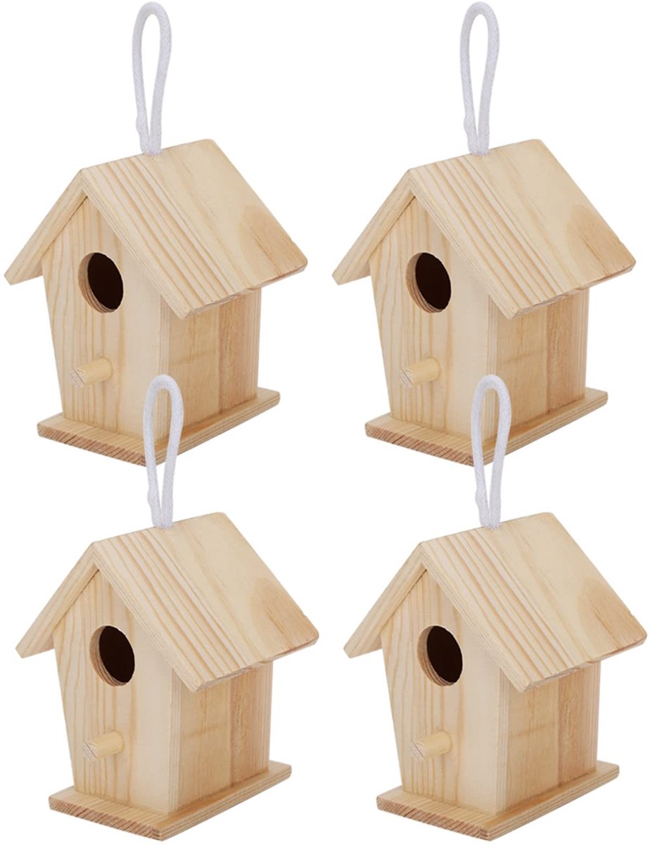 Dailygoods- Vogelhuisje Houten Set van 4 - Mini Vogelhuisjes - Hangend Vogelnest - Knutselset voor Kinderen - Geschikt voor Alle Soorten Vogels - Afmetingen 7 x 4 x 7 cm