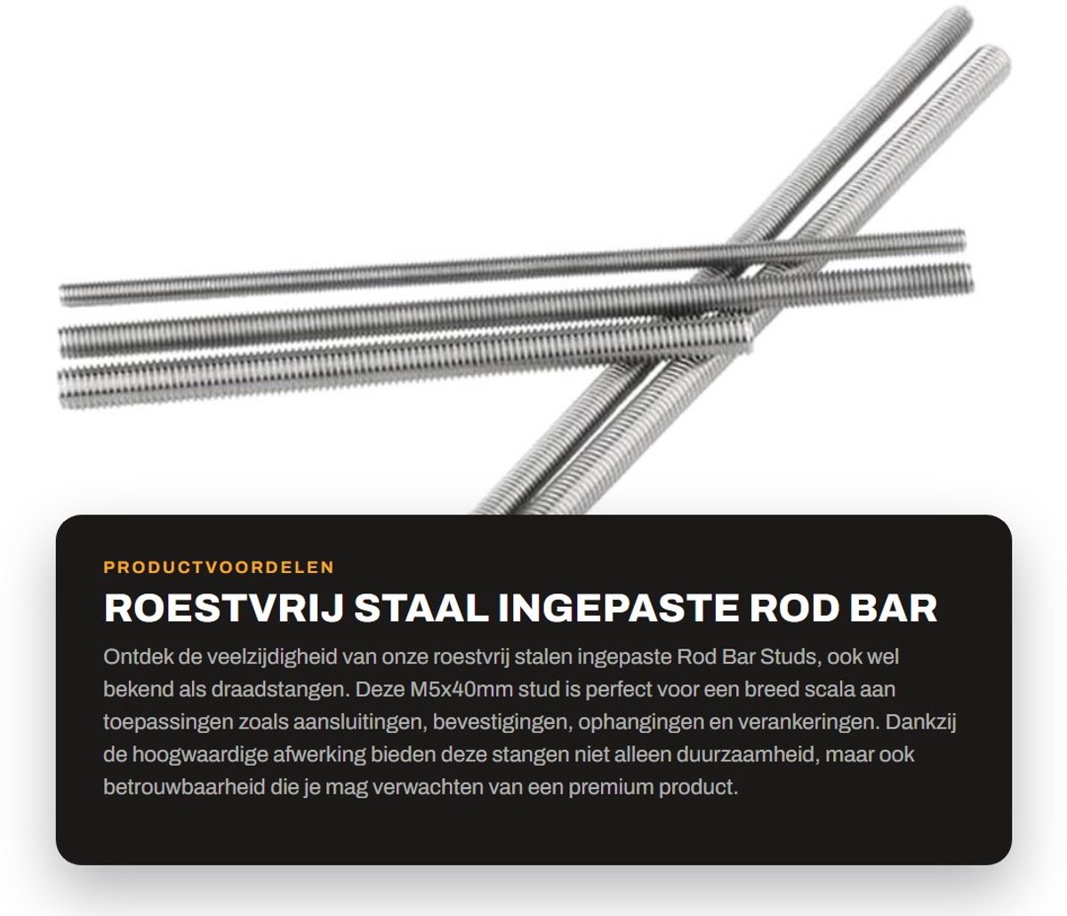 Dailygoods- Rod Bar Studs Roestvrij Staal 304 - Draadstang M5x40mm - 10 Stuks - Slijtvast - Corrosiebestendig - Duurzaam