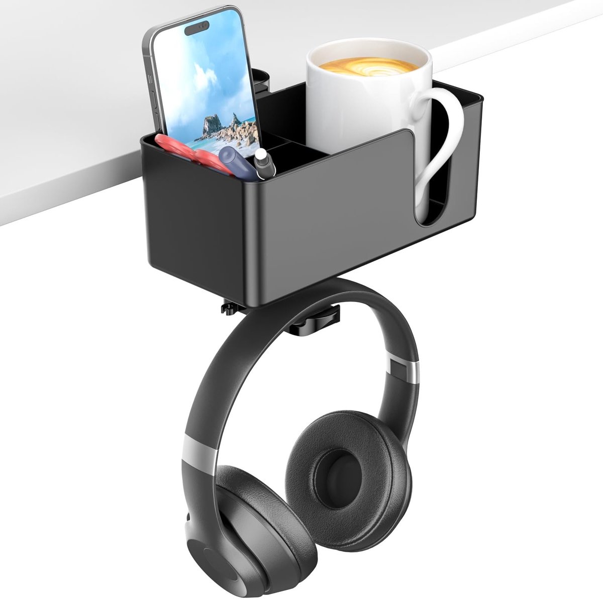 Dailygoods - KDD 4-in-1 bureau-organizer - Hoofdtelefoonhaak voor onder het bureau met 2 draadgaten - roterende hoofdtelefoonhanger en afneembare bureauopslag voor beker, telefoon en pen