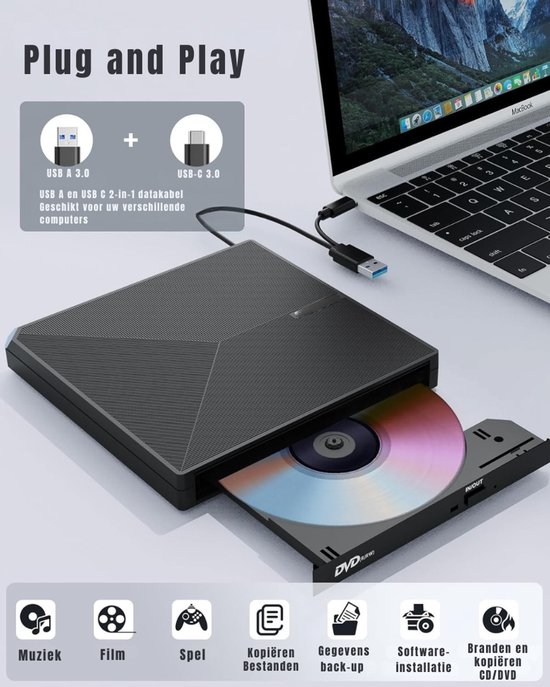 KAD® DVD Speler - USB 3.0 en Type-C - DVD Speler Laptop - DVD Brander - Zwart - 15cm x 15cm x 2cm van kad — afbeelding 3