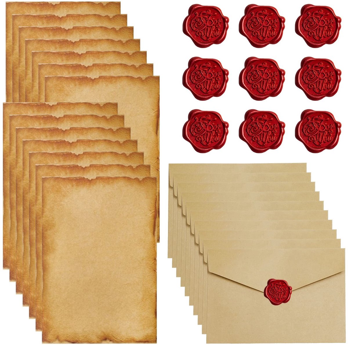 Dailygoods- Briefpapier Vintage Set - 16 A5 Bladen - 10 Enveloppen - 10 Waszegelstickers - Hoogwaardig Perkament - Voor Bruiloft/Wenskaarten - Schrijfpapier