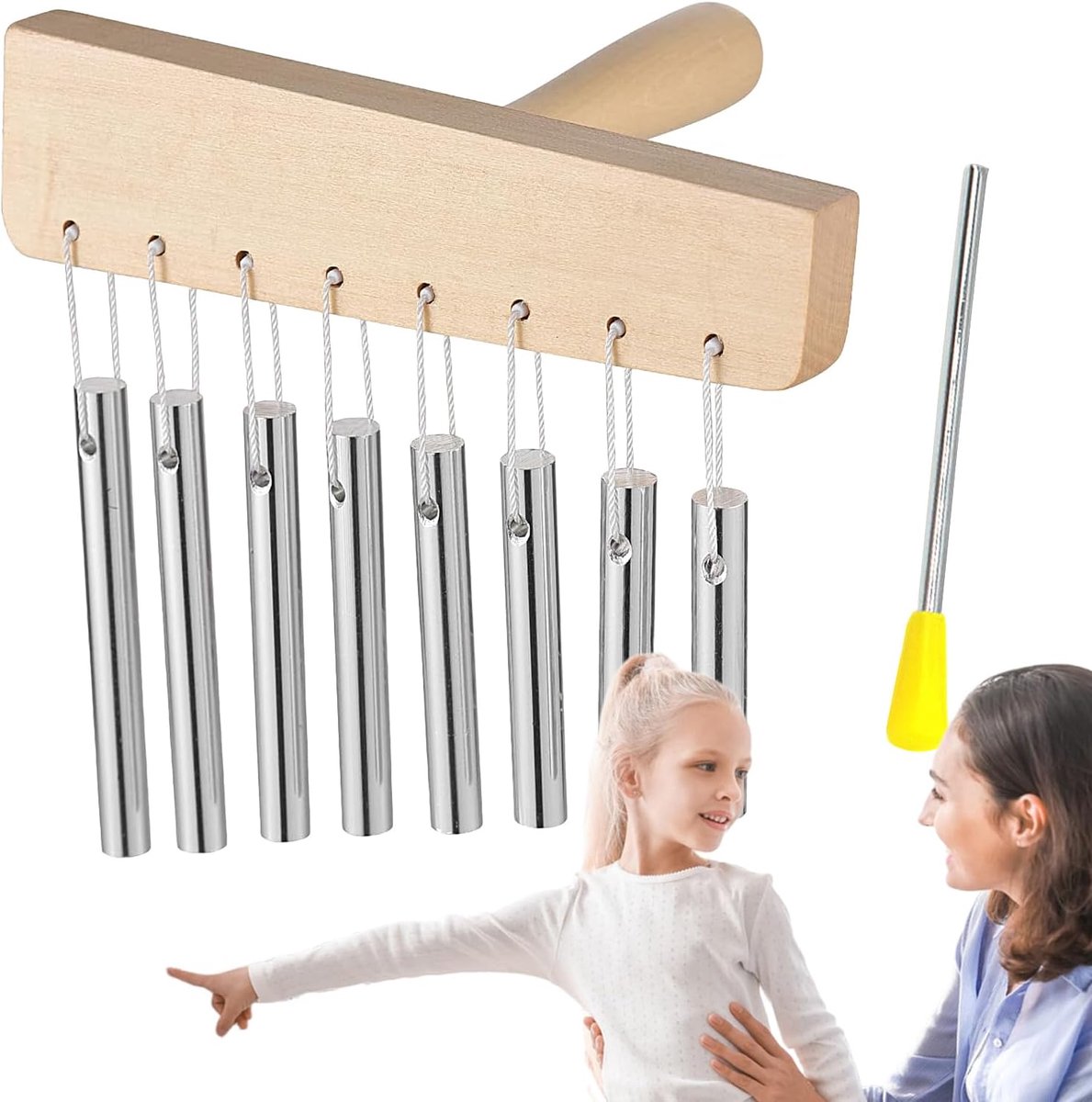 Meditatieklok Hout - Klankstok Instrument - Ontspannende Geluiden - Stabiele Constructie - 8 Tonen - Zilver