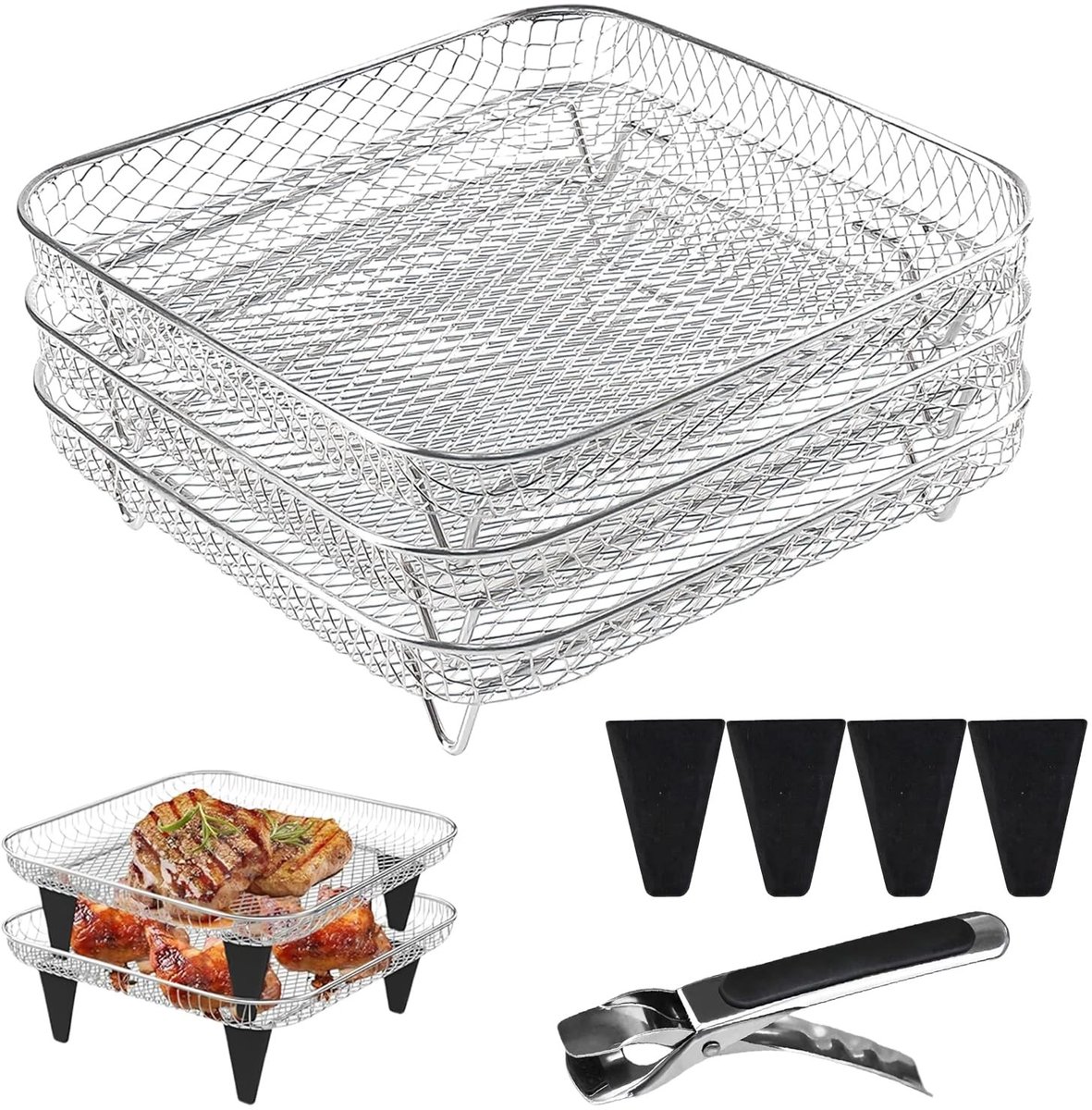 Dailygoods- Airfryer Rek 3-laags Stapelbaar - Vaatwasmachinebestendig - Compatibel met Cosori/Ninja - Met 8 Siliconen Voetjes - Accessoires voor Heteluchtfriteuse - Rooster