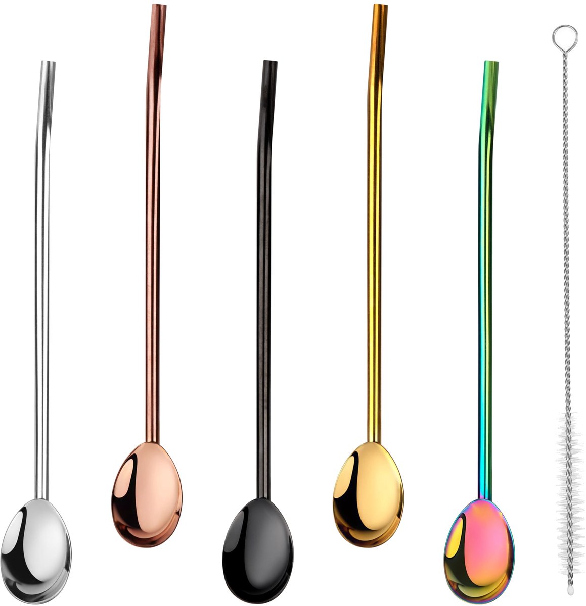 Dailygoods- Lepelrietjes 2-in-1 - Rietjes van roestvrij staal - Herbruikbaar - 5 stuks - Inclusief reinigingsborstel - Geschikt voor smoothies/cocktails