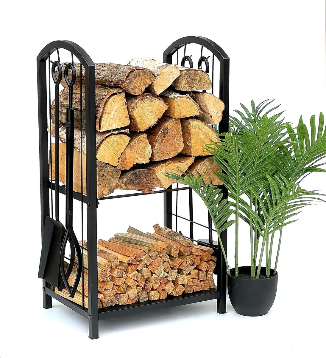 Brandhoutrek met bestek - Haardhout opslag - Open haard onderhoud - Inclusief 4-delig gereedschap - 72 cm hoog - Zwart