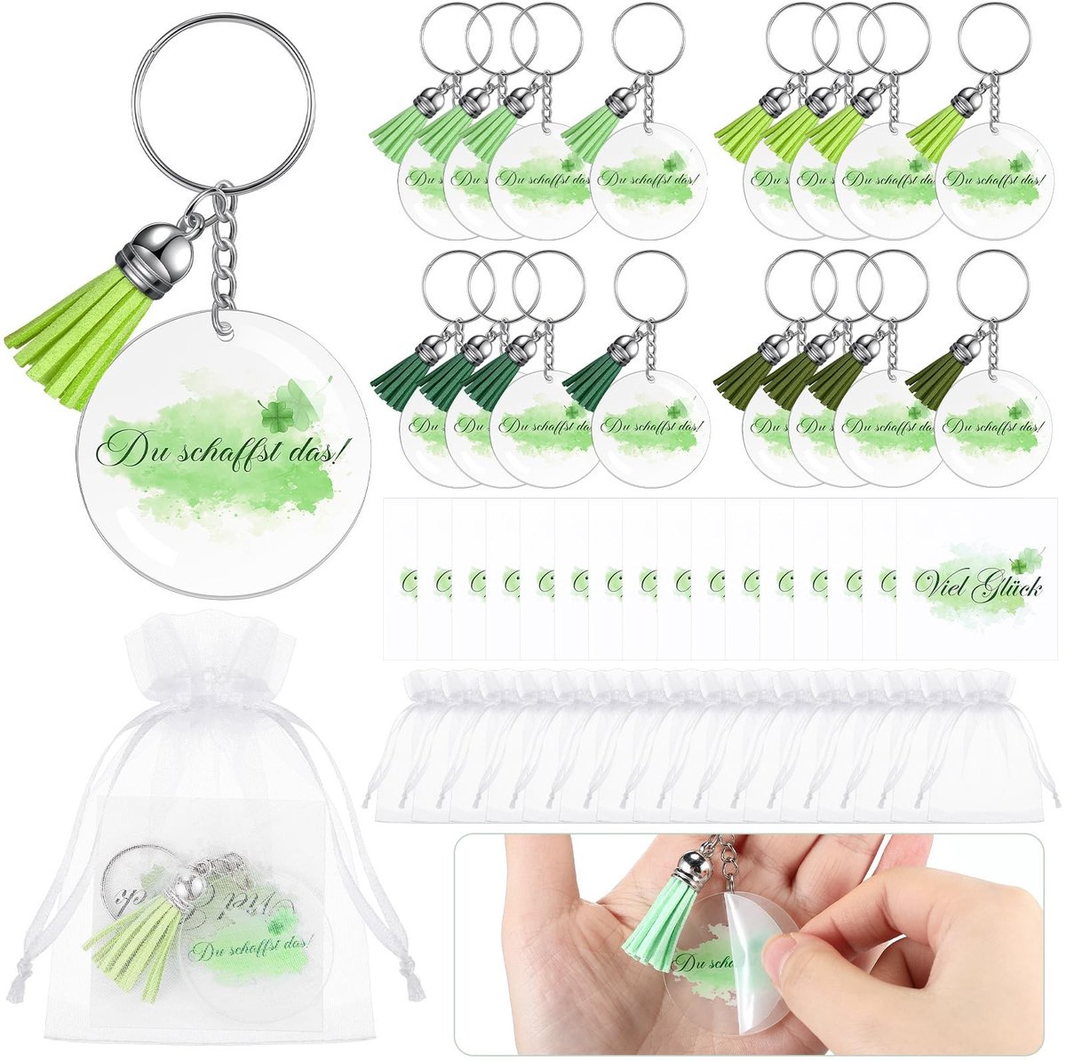 Dailygoods- Afscheidsgeschenk Set van 16 - Sleutelhanger met kwastje - Gelukskaart - Bedank cadeau - Inspirerend cadeau - Materiaal: legering - Bedankcadeau