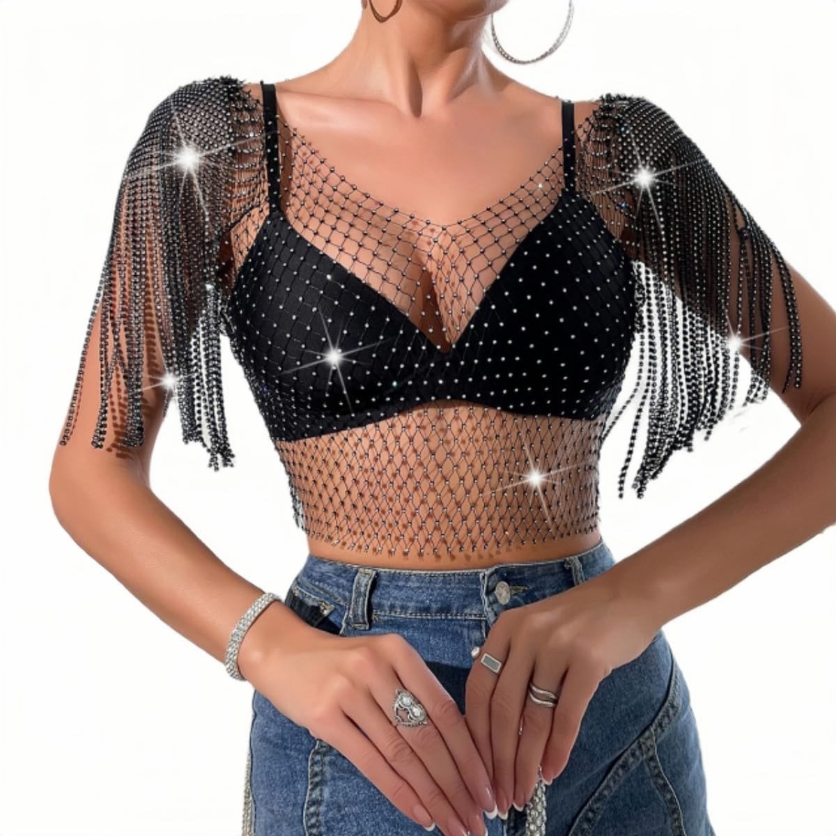Dailygoods- Tanktop Dames Sexy Mesh - Crop Top - Strass - Glinsterend - Casual - Polyester - Maat S/M/L