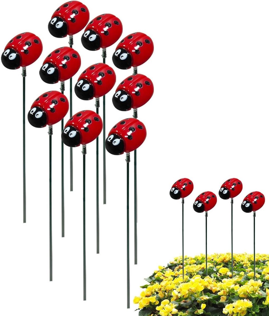 Decoratieve Stokken - Lieveheersbeestjes decoratie - Tuin opfleuren - Waterdicht kunststof - 30 cm 10 stuks - Rood zwart