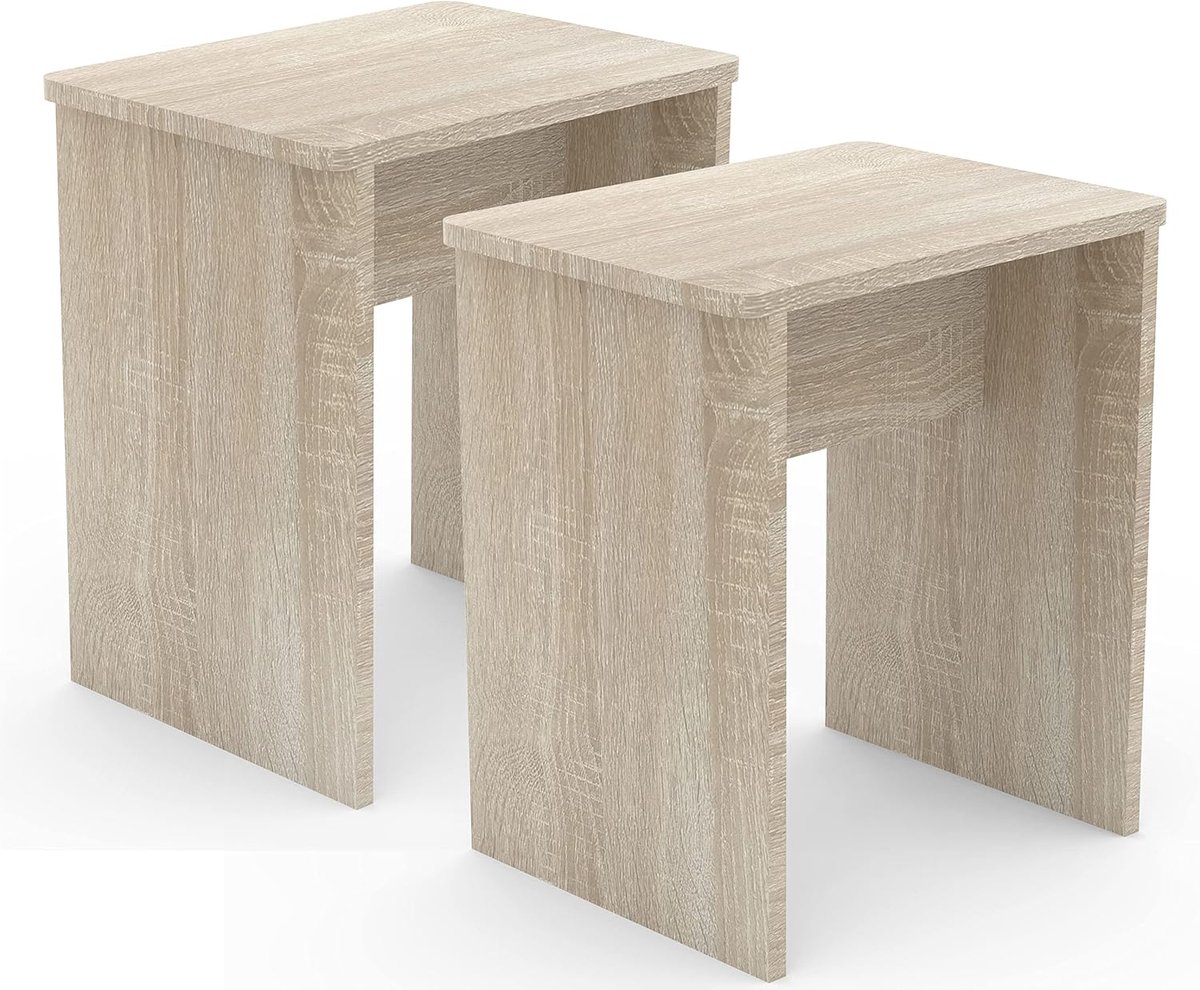 Houten Kruk Set - Voetenbankje Bijzettafel - Extra Zitplaats - Veelzijdig Gebruik - 45 x 40 x 30 cm - Eikenlook