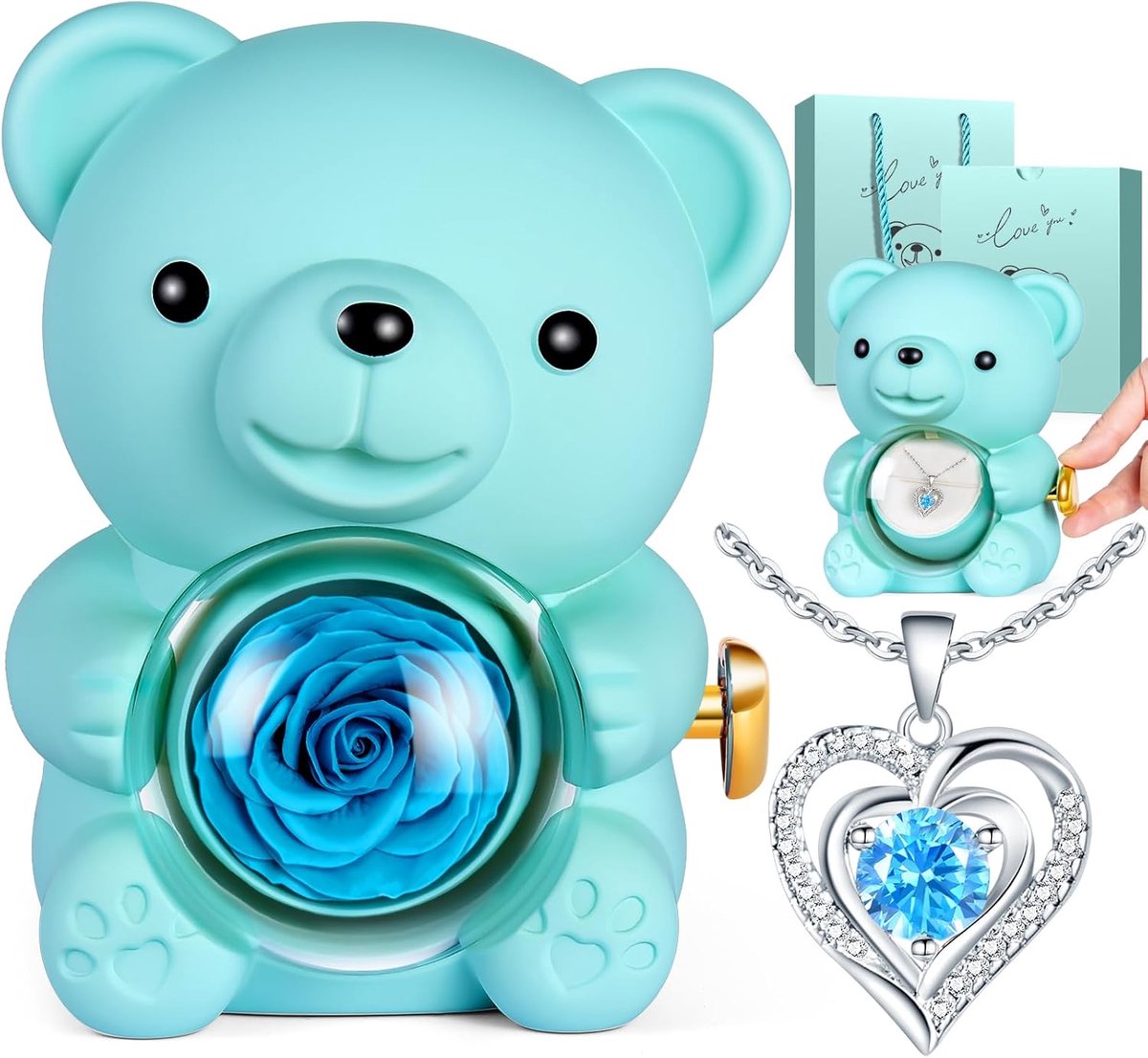 Rozenbeer Cadeauset - Eeuwige Roos - Romantisch Cadeau - Draaibare Geschenkdoos - 11 x 12 x 16 cm - Blauw