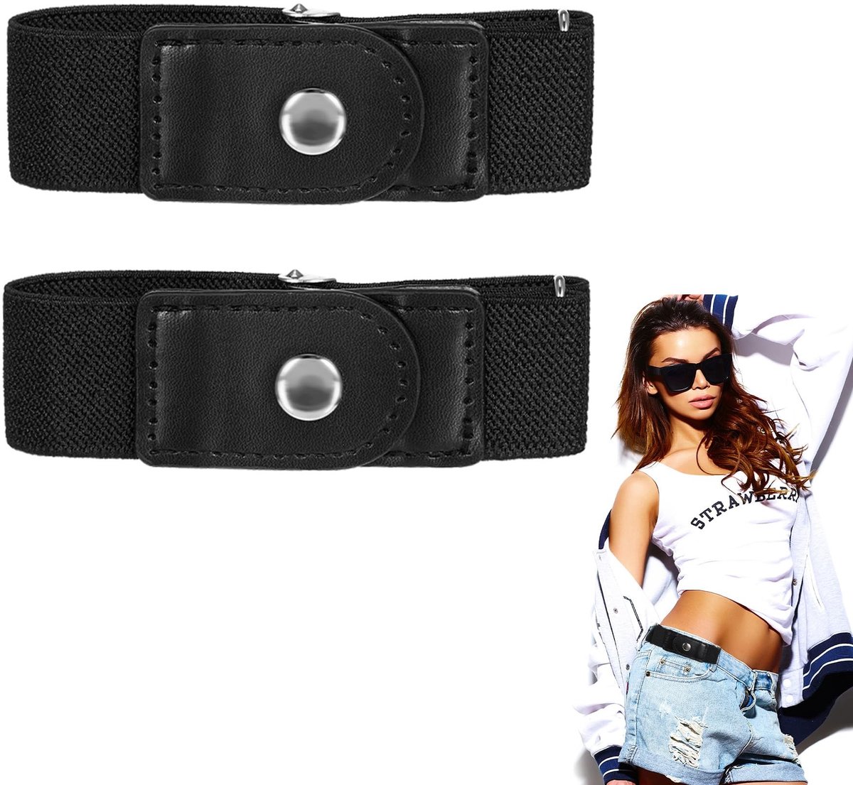 Dailygoods- Stretchriem Verstelbaar - Tailleband Elastiek - Stretch Riem Dames/Heren - 2 Stuks - Zwart - PU/Kunstleer