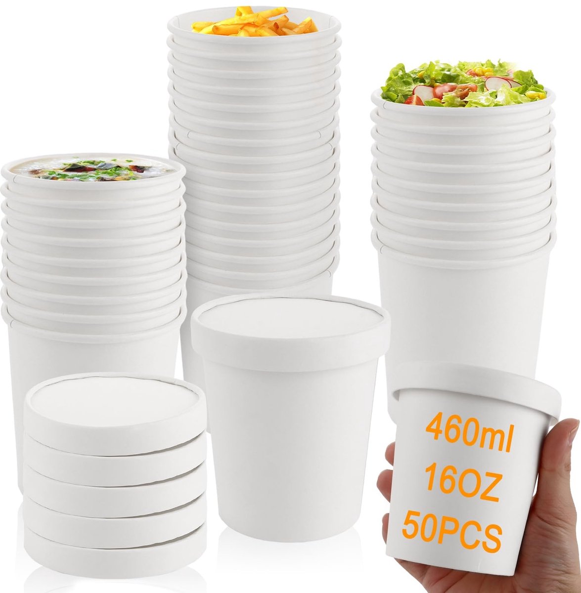 Dailygoods- Soepbekers 50 stuks - Papieren Bekers met Deksel - Kartonnen Eetbekers - Magnetronbestendig - Vriesbaar - Capaciteit 460 ml
