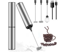 Elektrische Melkopschuimer - Handmixer USB - Drankjes Bereiden - 3 Verwisselbare Opzetstukken - 0.26 Kilogram - Zilver