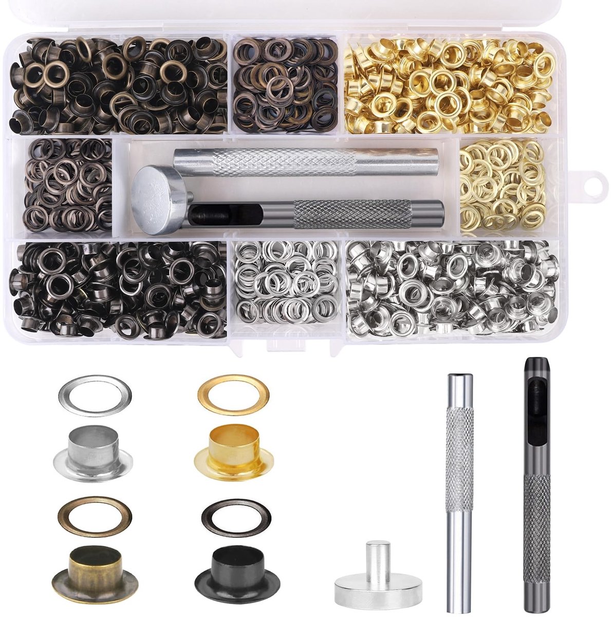 Dailygoods- Oogjesset 600 Stuks - Oogjes 5mm - Met Oogtang - Koper - 4 Kleuren - Inclusief Gereedschap - Metalen Oogjes