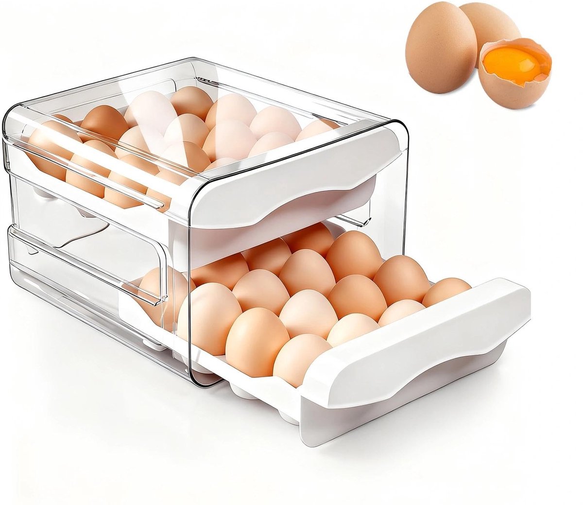 Dailygoods- Eierdoos Dubbellaags - Koelkast Organizer - 32 Vakken - Kunststof - Robuust - Transparant en Stofvrij - 22,5 x 21 x 14 cm - Eieropbergdoos