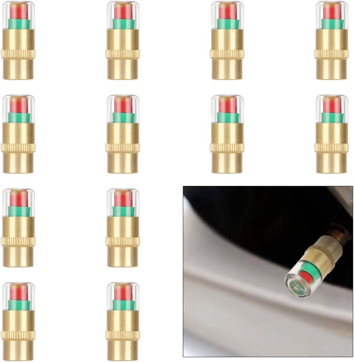 Ventieldoppen - Bandenspanningsmeter - Veilig Rijden - 3-kleuren indicator - 12 stuks - Goud
