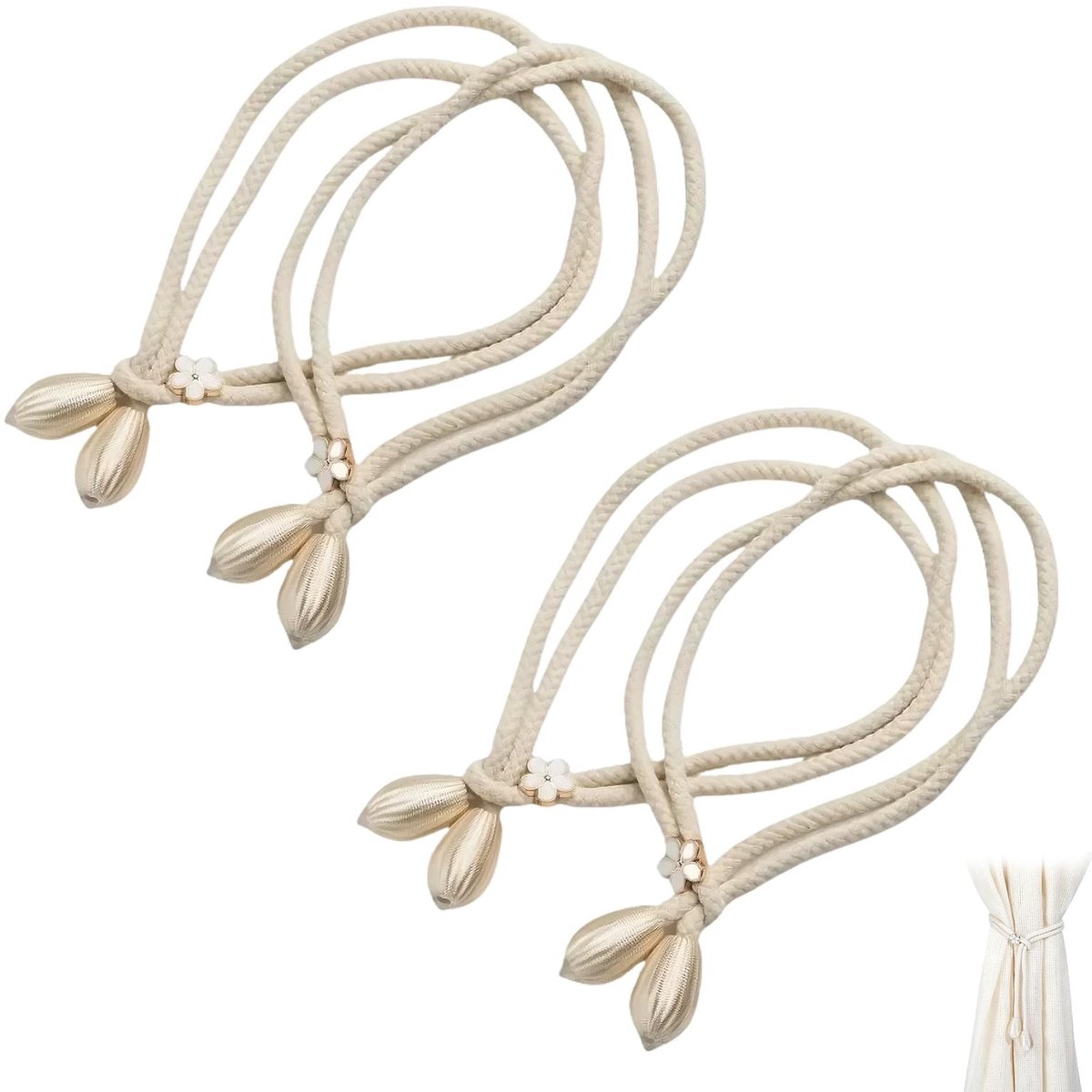 Dailygoods - gordijnhouders set van 4 stuks wit 50cm handgeweven koord katoen polyester voor woonkamer slaapkamer keuken zonder boren decoratief en verstelbaar
