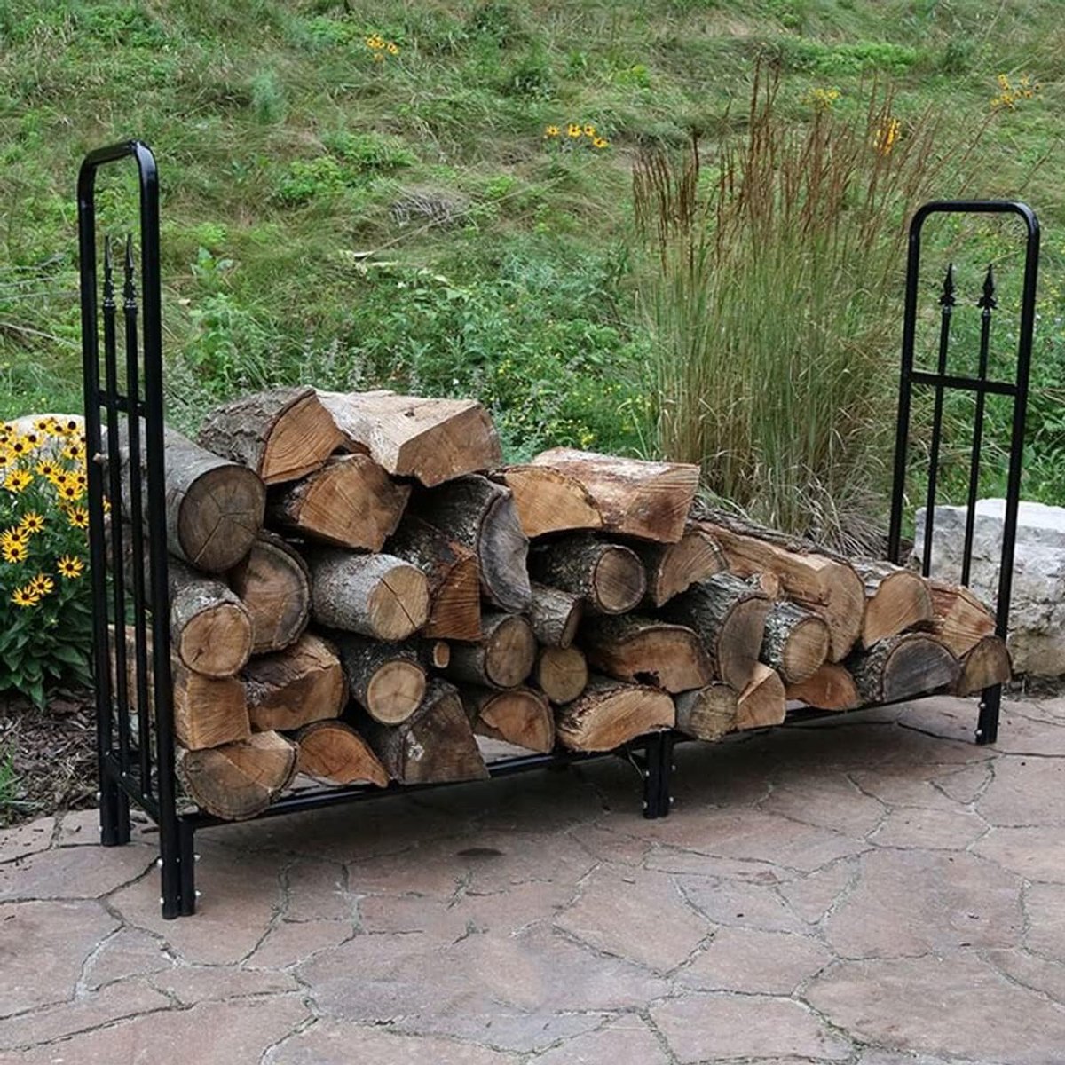 Brandhouthouder - Houtopslag rek - Buitenhaard accessoires - Gepoedercoat staal - 182 cm hoog - Zwart