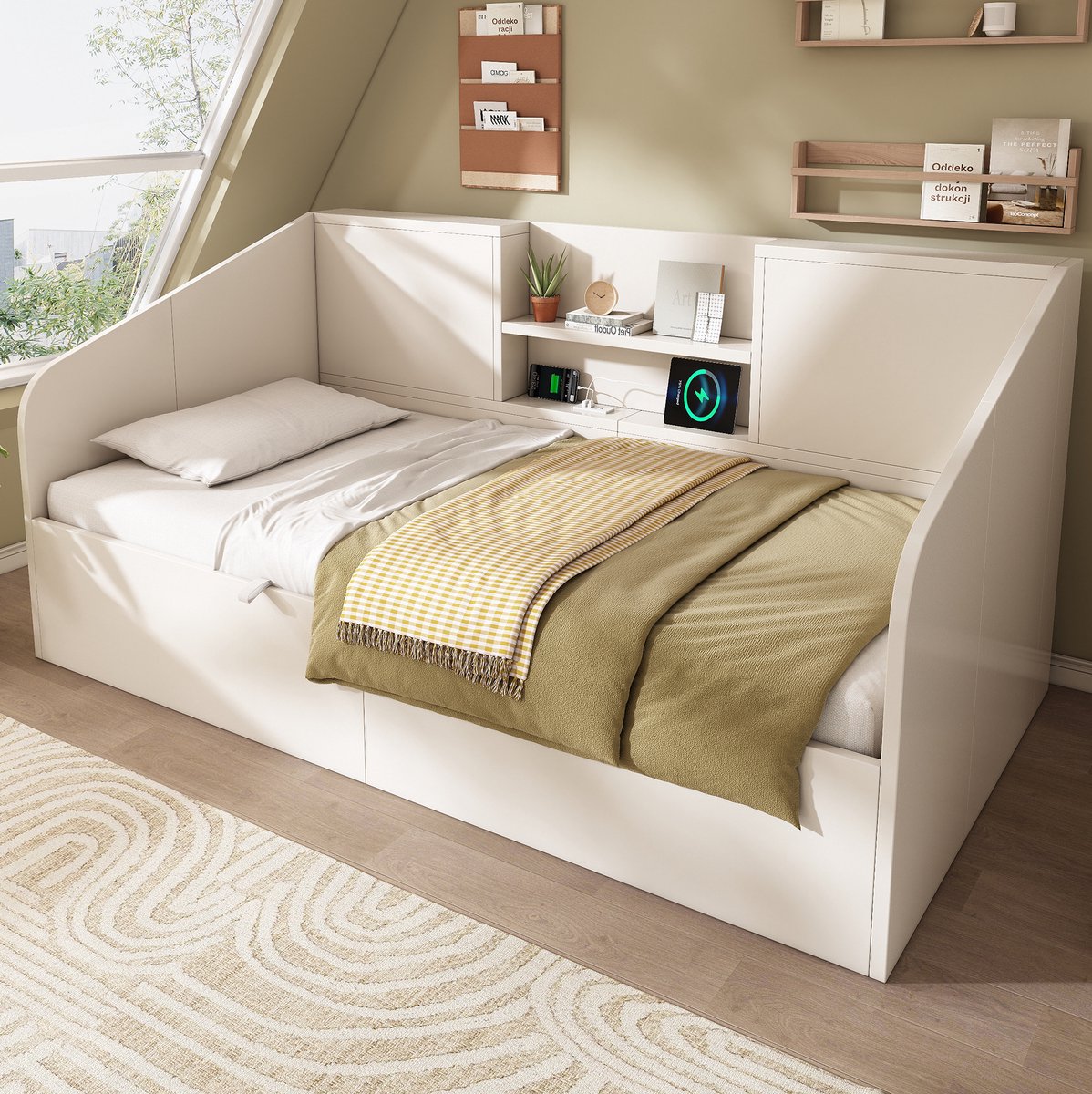 MEUNIQ Bedbank 90x200 cm wit met hydraulische opbergruimte, 2 open schappen, USB en Type-C laadstation, lattenbodem inbegrepen, eenpersoons bedframe