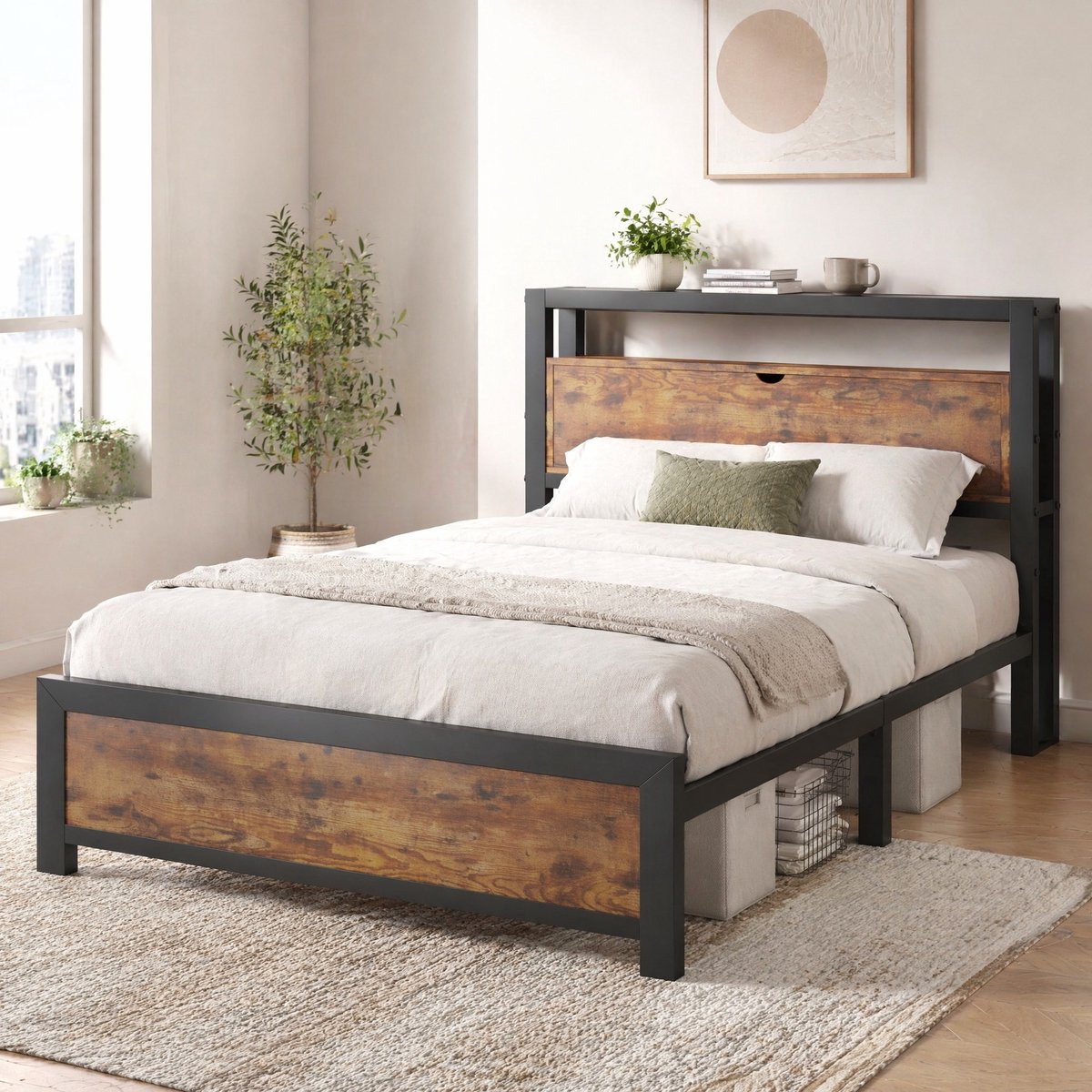MEUNIQ eenpersoonsbed 90 x 200 cm met opbergend hoofdbord, metalen bedframe met lattenbodem en bedopbergruimte 26,5 cm, slaapkamer zwart