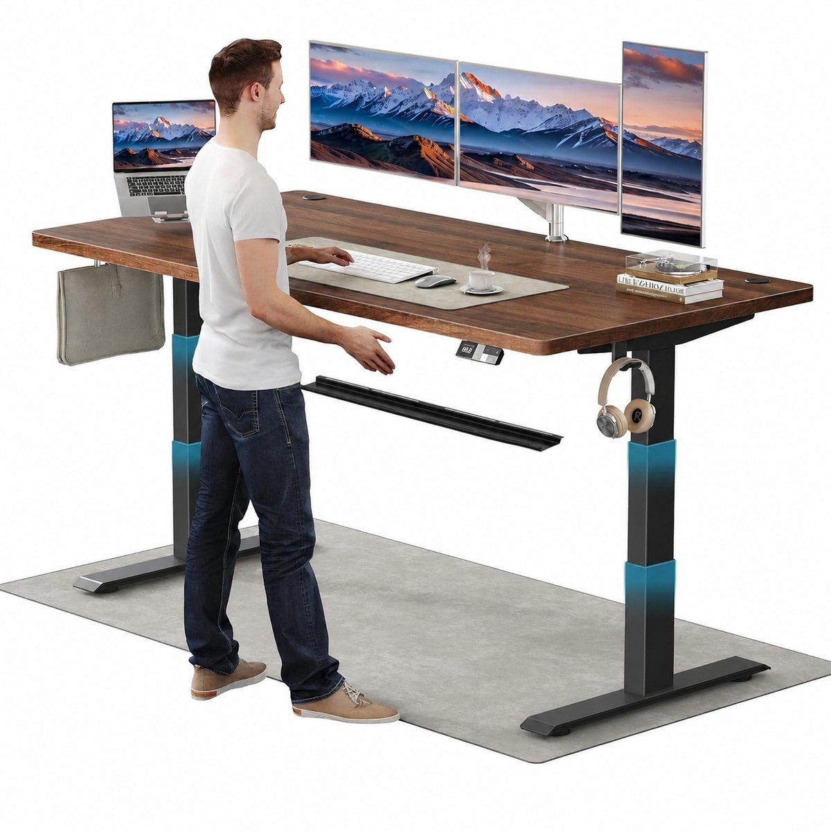 Devoko Elektrisch Zit-Sta Bureau 160x80 cm - Elektrisch Verstelbaar Bureau - In Hoogte Verstelbaar 63-128 cm - 25 mm FSC Tafelblad - Dubbele Motor - 125 kg - Bruin