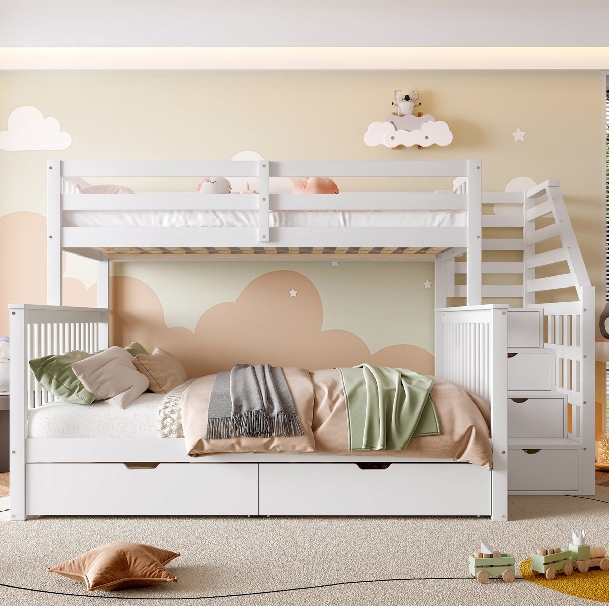 MEUNIQ stapelbed 90x200 boven 140x200 onder met lades, trap en uitvalbeveiliging, zonder matras, kinderbed voor kinderkamer, wit