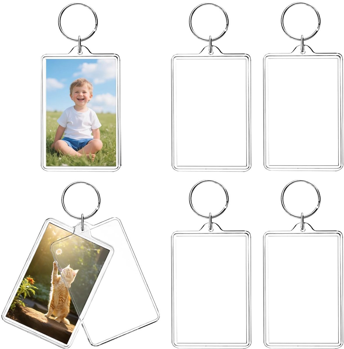 Dailygoods- Fotosleutelhanger Set van 6 - Dubbelzijdige Transparante Acryl - Sleutelhanger met Sleutelring - Fotolijst-Design - 7 x 5 cm - Onbedrukt om Zelf te Vormgeven