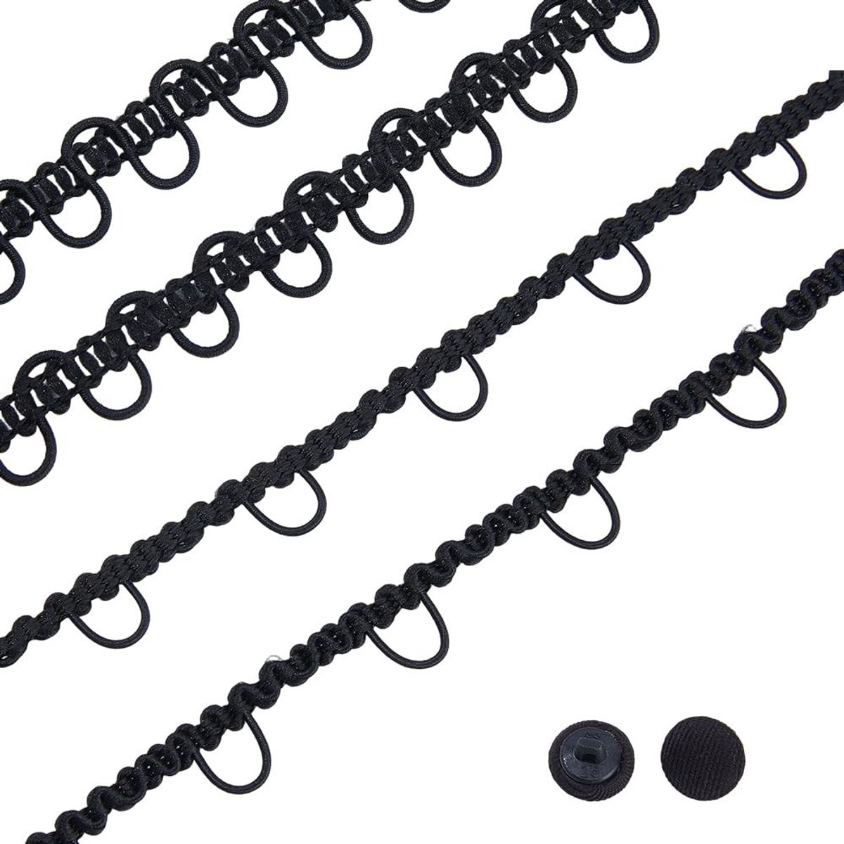 Dailygoods- Knoopsgatband 20 Yards - Elastische Lussen - Zwart - Knoopsgat Trims - 10 Stuks Plastic Knopen - 13,5-14,6 mm Breedte - Trimmaterialen