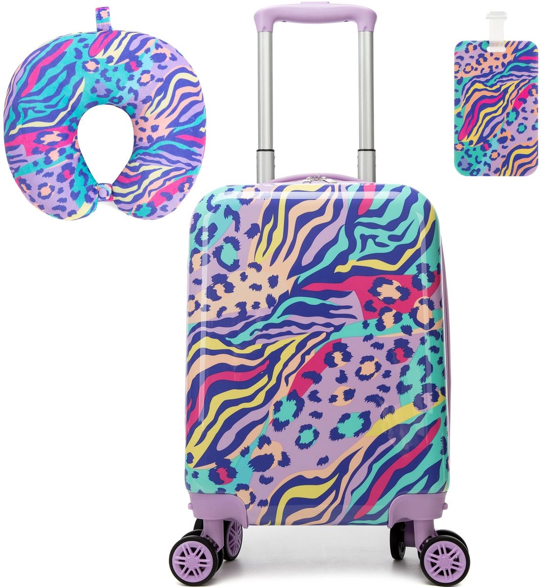 Dailygoods- Kinderkofferset Robuuste Hardschaal - Handbagage Koffer - Neksteun - Kofferhanger - Voor Kinderen - Lichtgewicht en Gemakkelijk te Manoeuvreren - Handbagagekoffer
