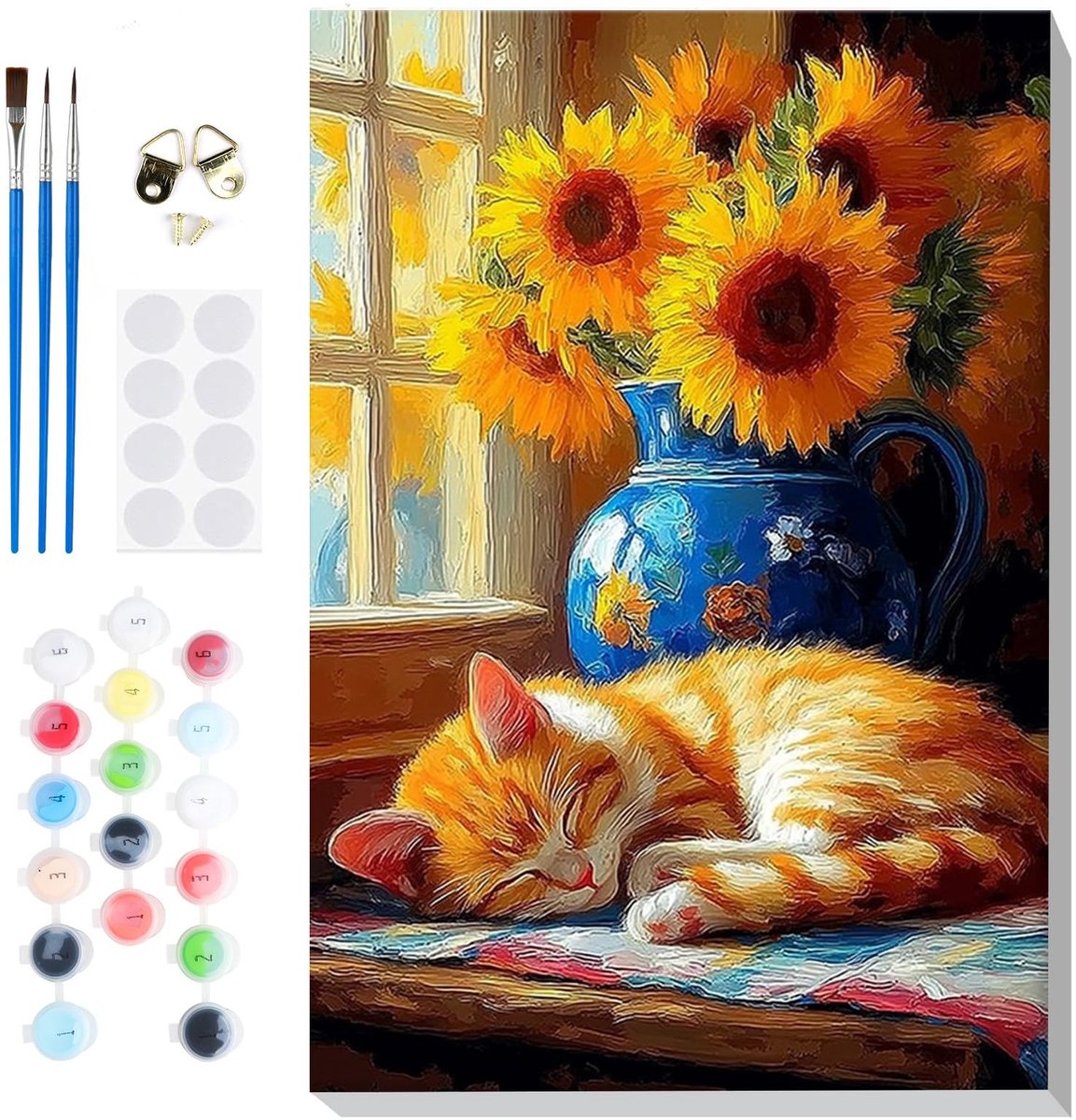 Dailygoods - Lxmsja Verf op nummer, kat voor volwassenen, beginners met frame, schilderen op nummer, zonnebloem op canvas, doe-het-zelf acryl olieverfschilderij kit kunst en ambachten geschenken voor thuis