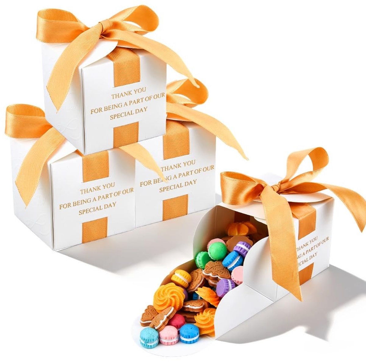 Dailygoods- Snoepdoos 60 stuks - Bruiloft geschenkdozen - Feestdozen met deksel - Oranje linten - 6,5 x 6,5 x 6,7 cm - Elegant ontwerp