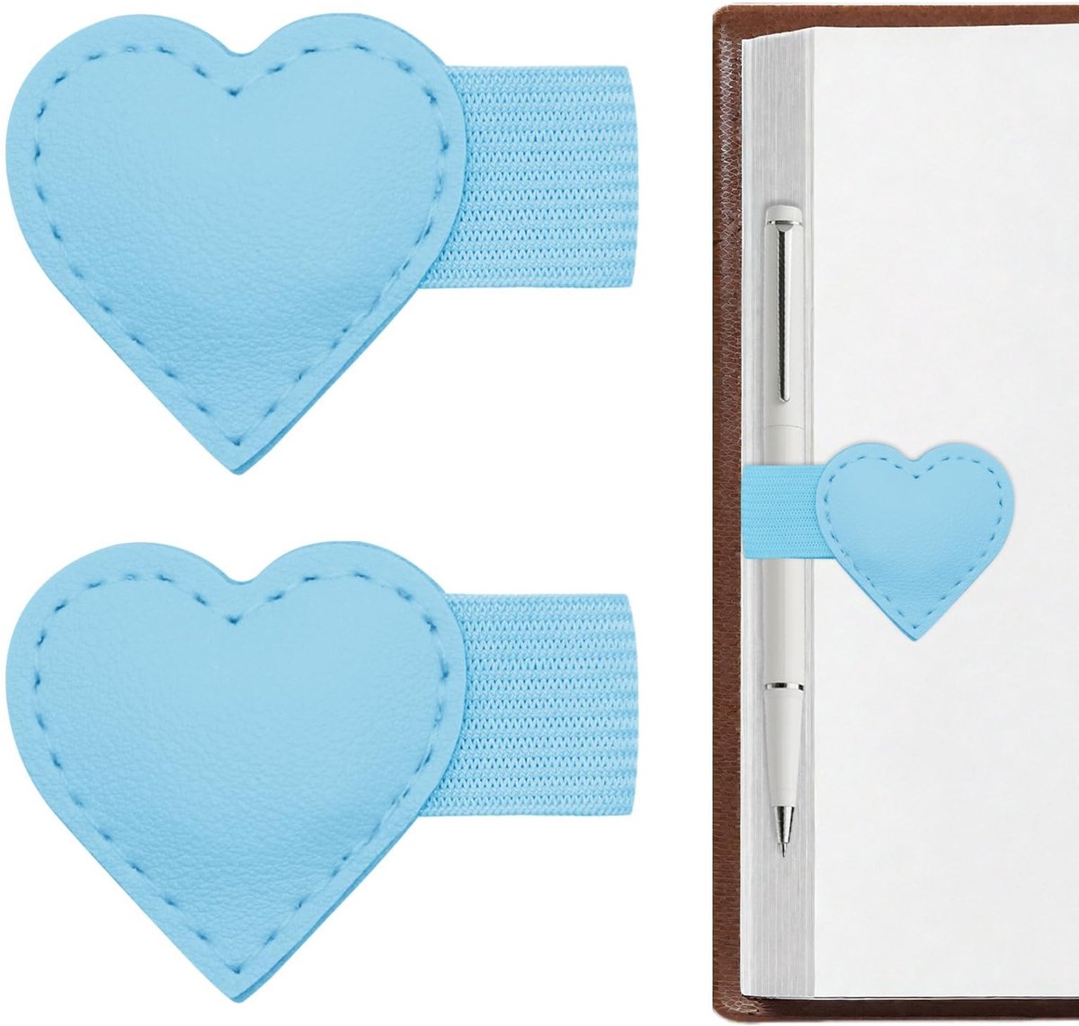 Dailygoods - 2 stuks magnetische leren boekenleggers met pennenhouder | Schattige hartvormige sterke magnetische sluiting voor boeken, multifunctioneel cadeau voor boekenliefhebbers, vrouwen en studenten (Blauw)