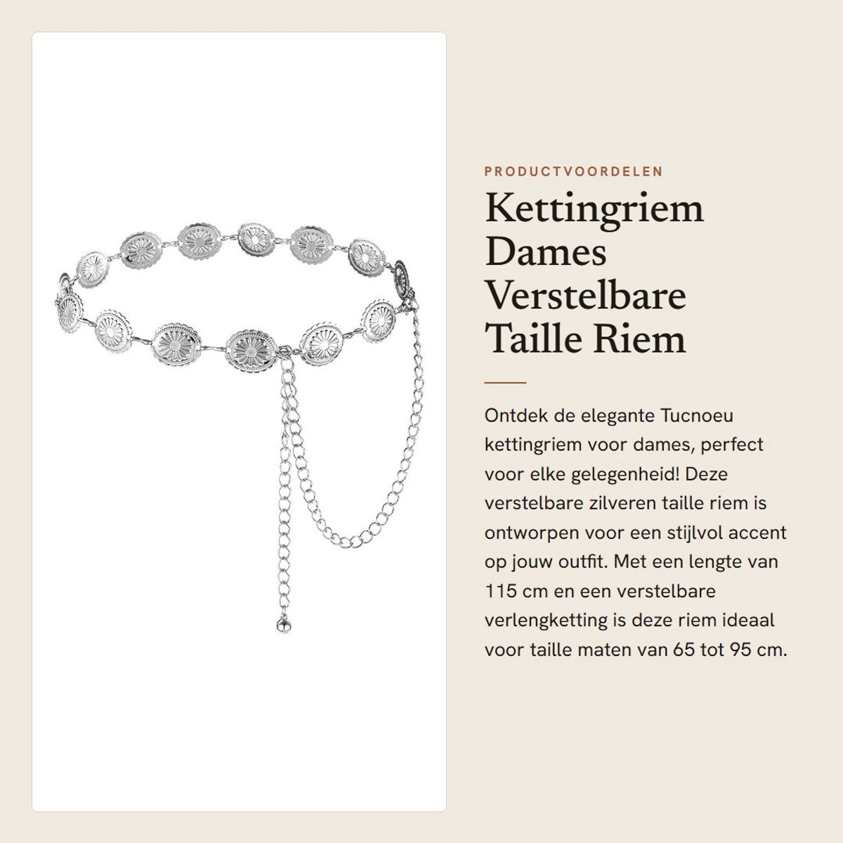 Dailygoods- Kettingriem Zilver - Verstelbare Taille - Madeliefjesdesign - Y2K-Accessoire - Hoogwaardige Zinklegering - Totale Lengte 115 cm - Riem