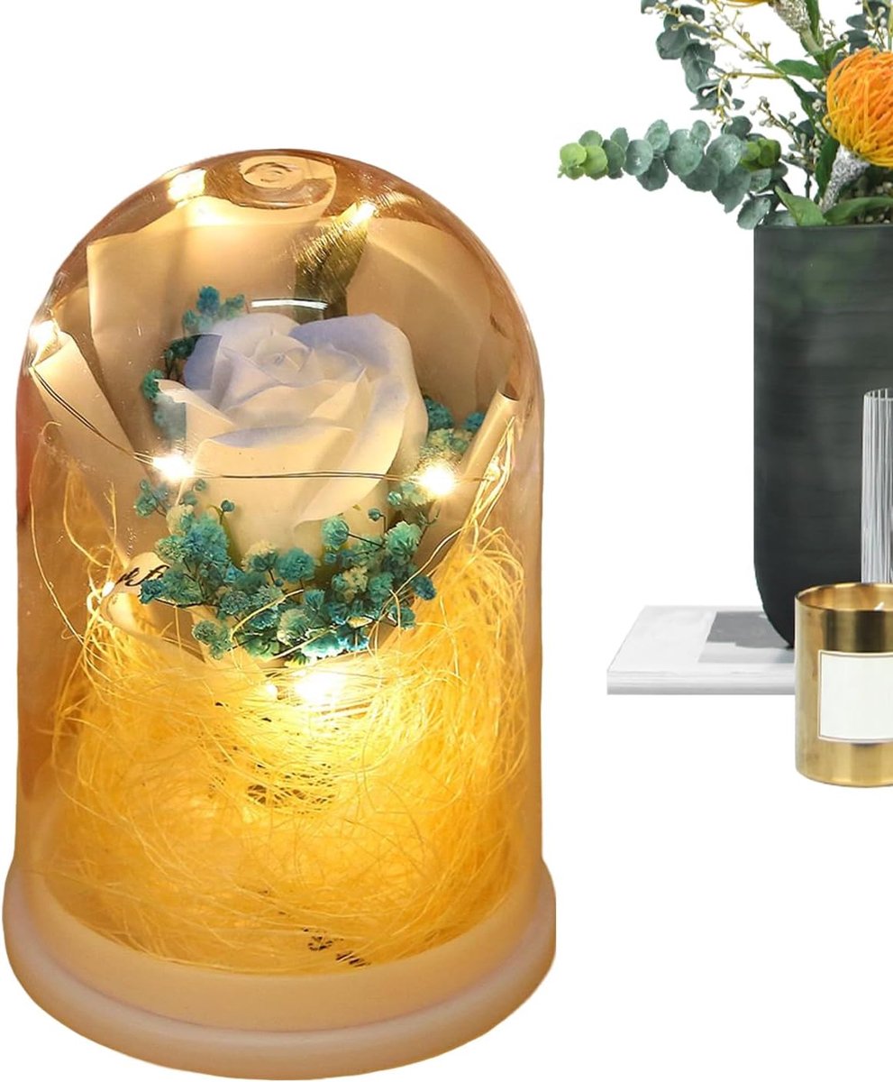Eeuwige Roos - Bloemen Koepel - Decoratie Huis - Met LED Licht - 11.5 cm Hoog - Lichtblauw