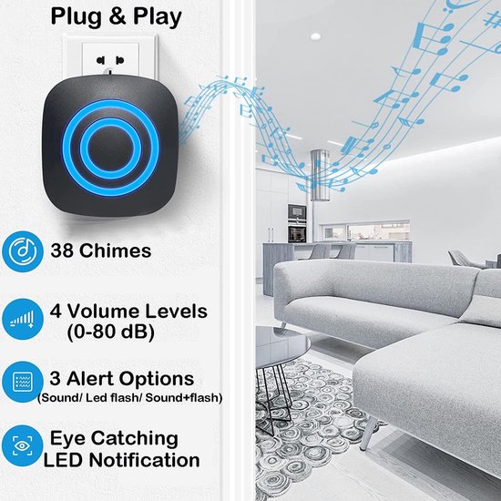 Bewegingsmelder, doorgangsmelder, alarm, kattenbel, draadloze alarmsysteemset met plug in ontvanger en PIR-sensordetector voor kantoor, winkel of thuis — afbeelding 3