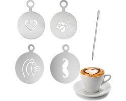 Koffie Stencils - Cappuccino Patronen - Decoratie Maken - Set van 4 - 15 x 10 cm - Zilver