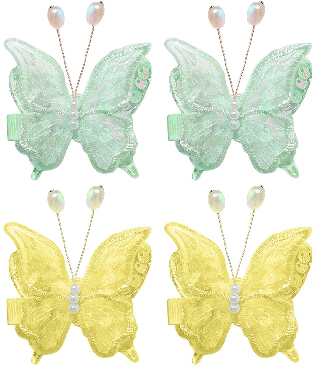 Haaraccessoires 4 Stuks - Vlinder Haarclip - Kapseldecoraties - Geel/Groen - Lichtgewicht/Ademend Netwerkmateriaal - 5,5 cm - Haarspeld