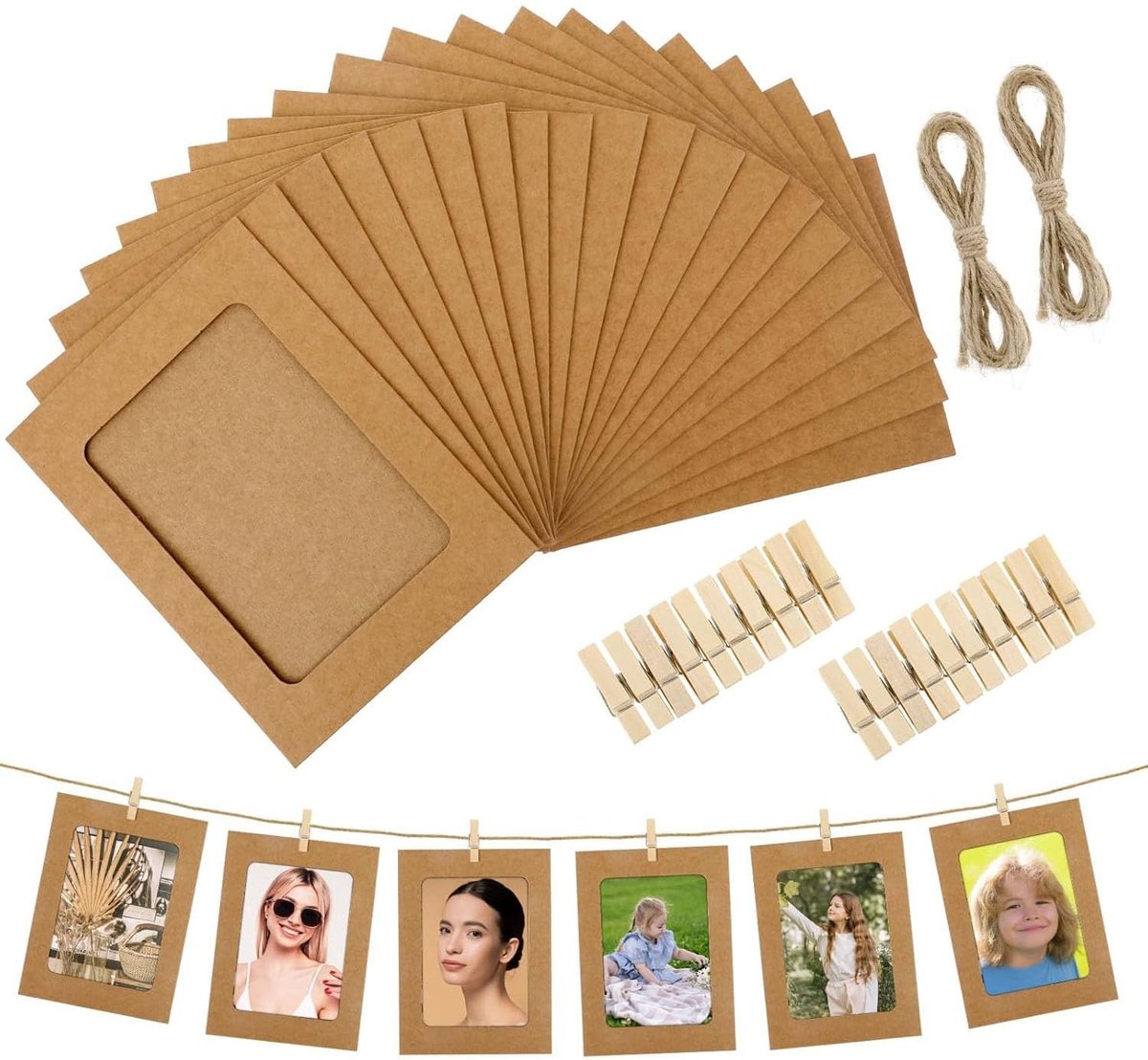 Dailygoods- Fotolijsten 20 Stuks - Kartonnen Fotolijsten 10x15 cm - Wanddecoratie Thuis - Houten Clips - Jute Touwen - Voor School/Kantoor